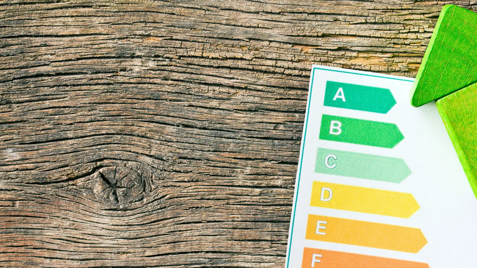 Stock image of a home energy efficiency rating scale on some wood.