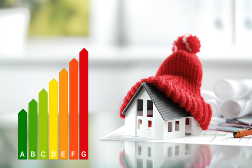 Stock image of a model home with a woolly hat on it next to an energy efficiency rating scale.