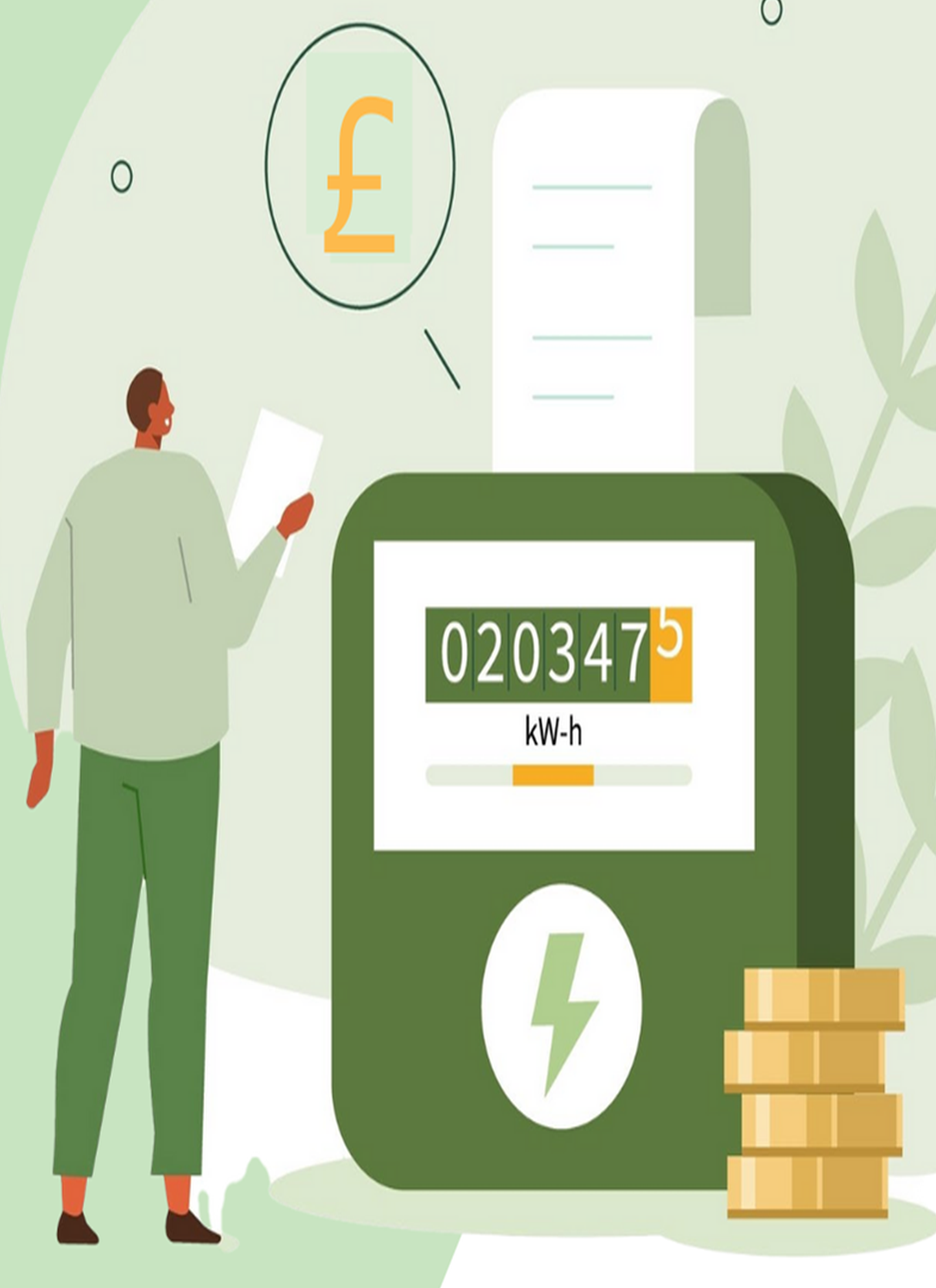 Graphic of a man reading a bill and looking at an electric meter.
