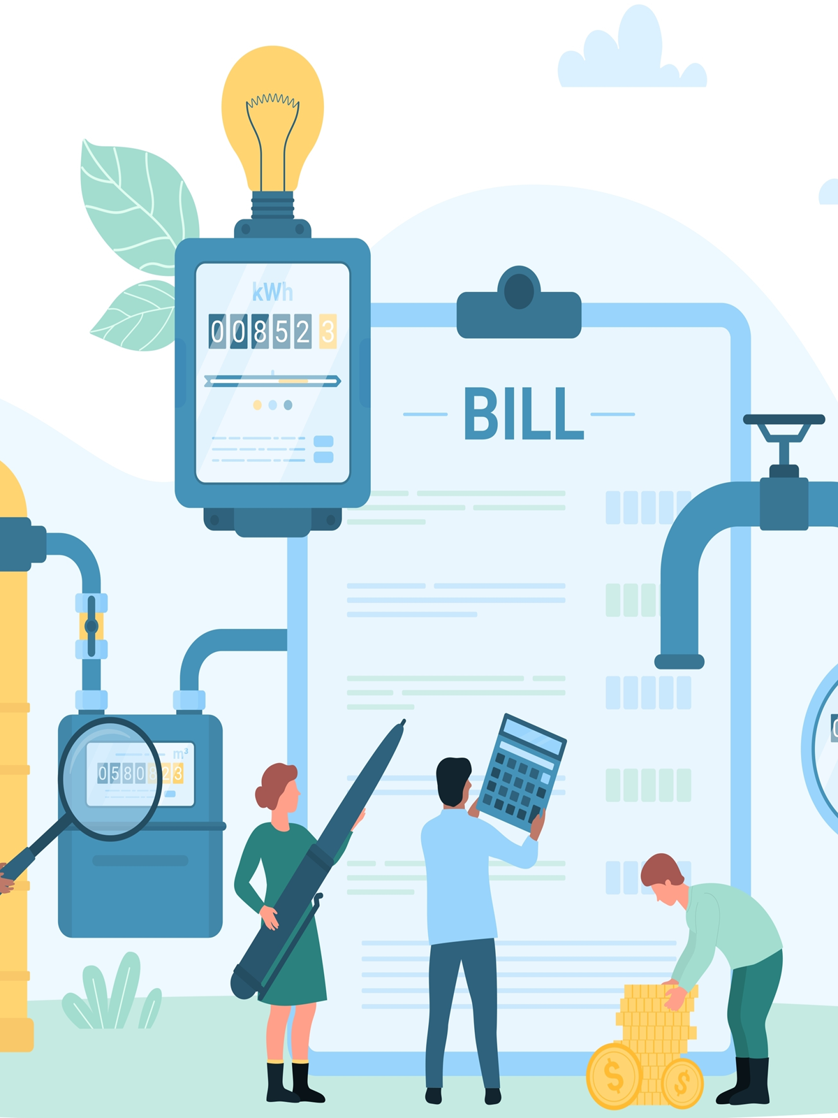 Graphic of people looking at a bill that is connected to a meter, a light bulb and a hot water tap.