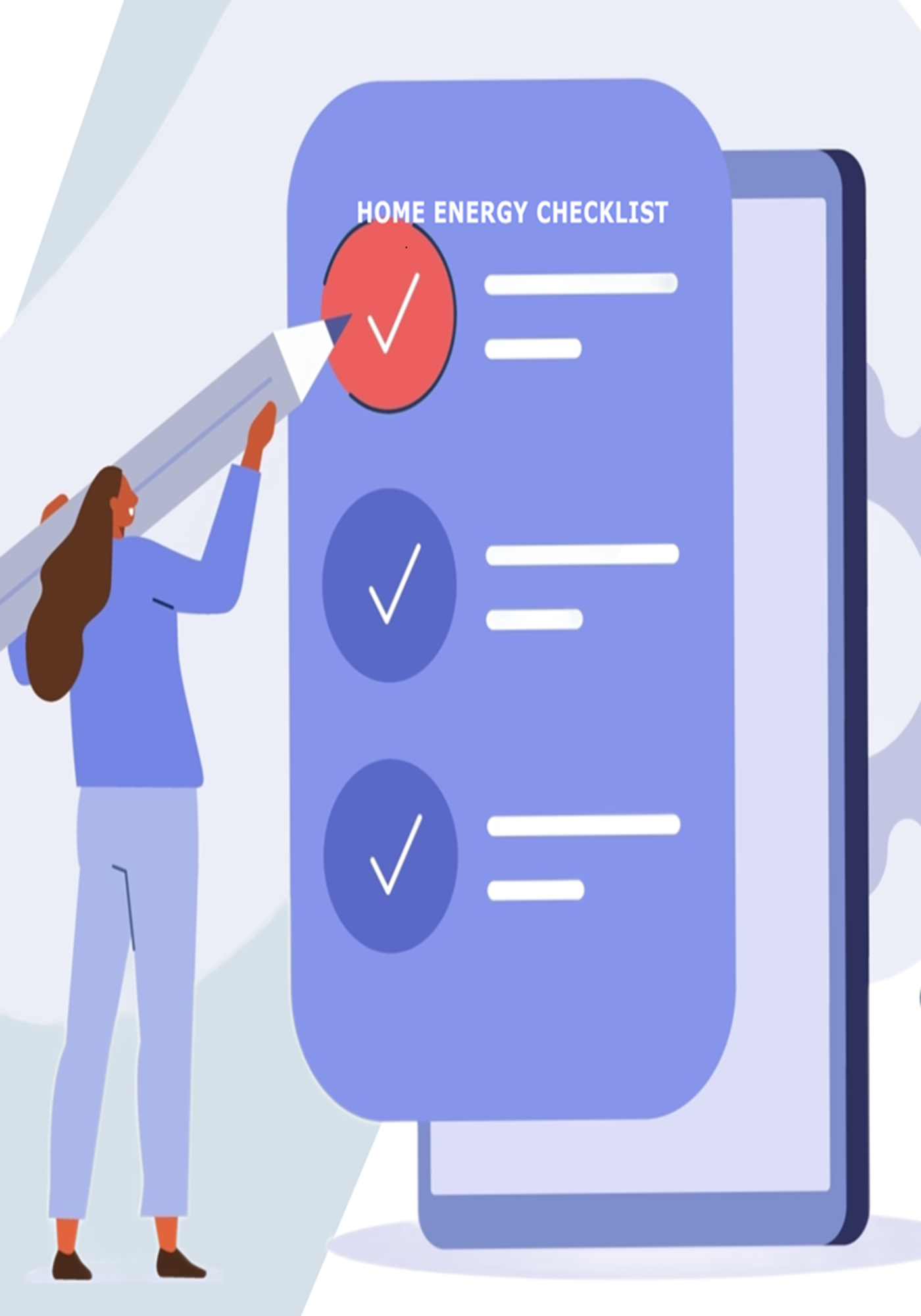 Graphic of a woman ticking off a purple checklist with a big pen.
