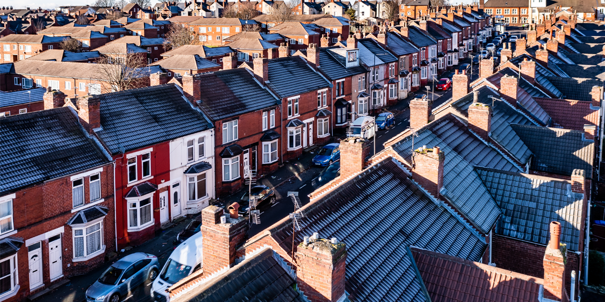 An aeriel view of a block of terraced houses.