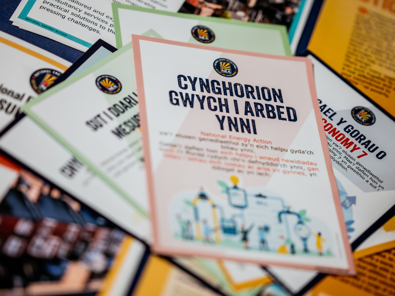 A photo of National Energy Action's advice leaflets. They have been translated into the Welsh language.