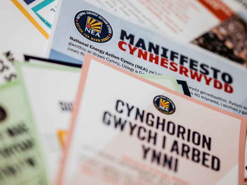 Photo of a manifesto for Warm Homes developed by National Energy Action Cymru.