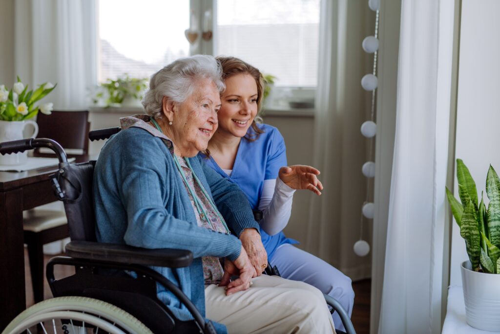 A photo of a carer talking to a woman in a wheelchair. 