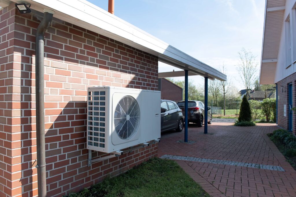 A heat pump outside of a home. 