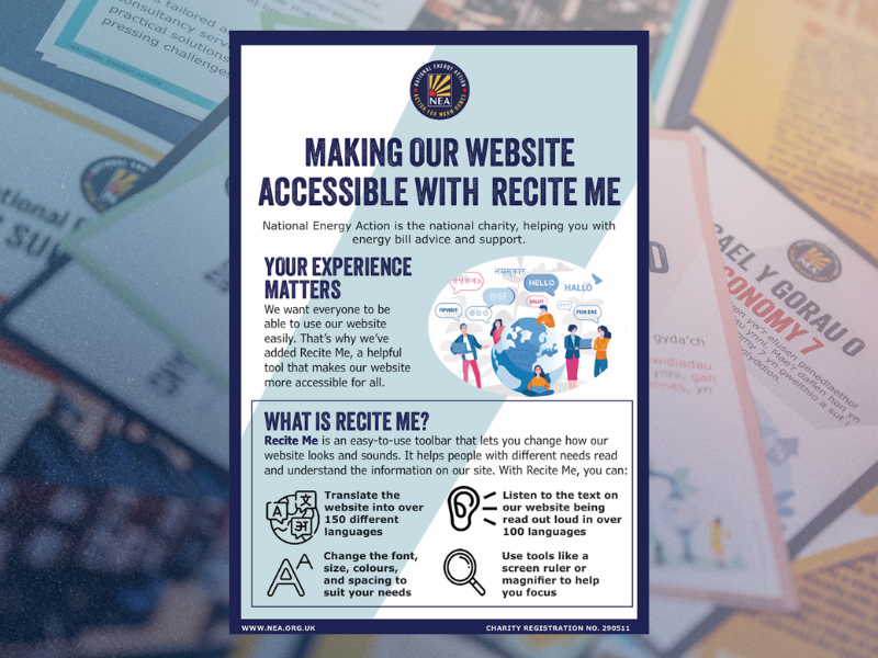 A photo of National Energy Action's leaflet, which describes how ReciteMe works.
