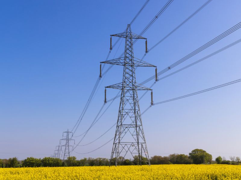 High-voltage electricity transmission pylons and overhead power lines stretching across a bright yellow rapeseed field under a clear blue sky