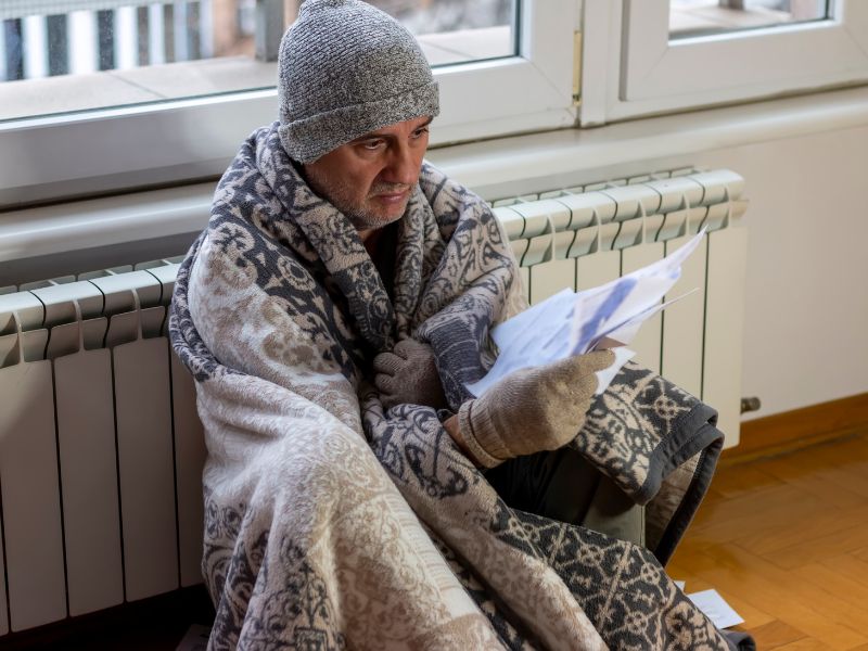 A man in a blanket and beanie sits on the floor by a radiator, looking at a bill