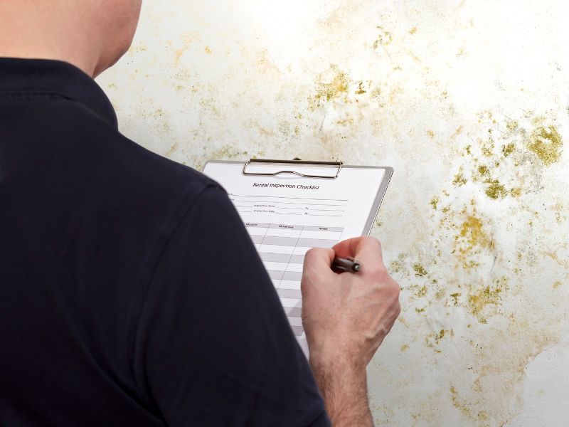 Person holding a clipboard with a mouldy wall in the background
