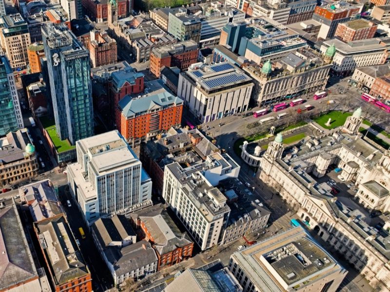 An aerial view of Belfast, a city where NEA NI operate to provide advice and support to households in fuel poverty.