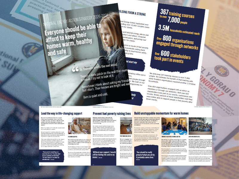 Pictures of pages of our strategy including how we build unstoppable momentum for warm homes